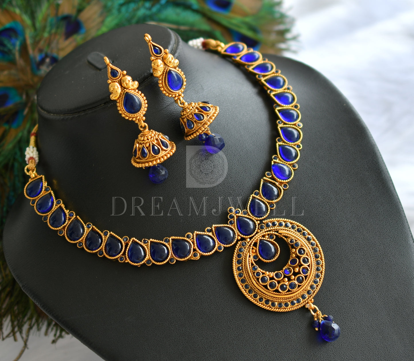 Antique gold tone Blue Bali Pendant Necklace Set dj-16635