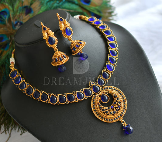 Antique gold tone Blue Bali Pendant Necklace Set dj-16635