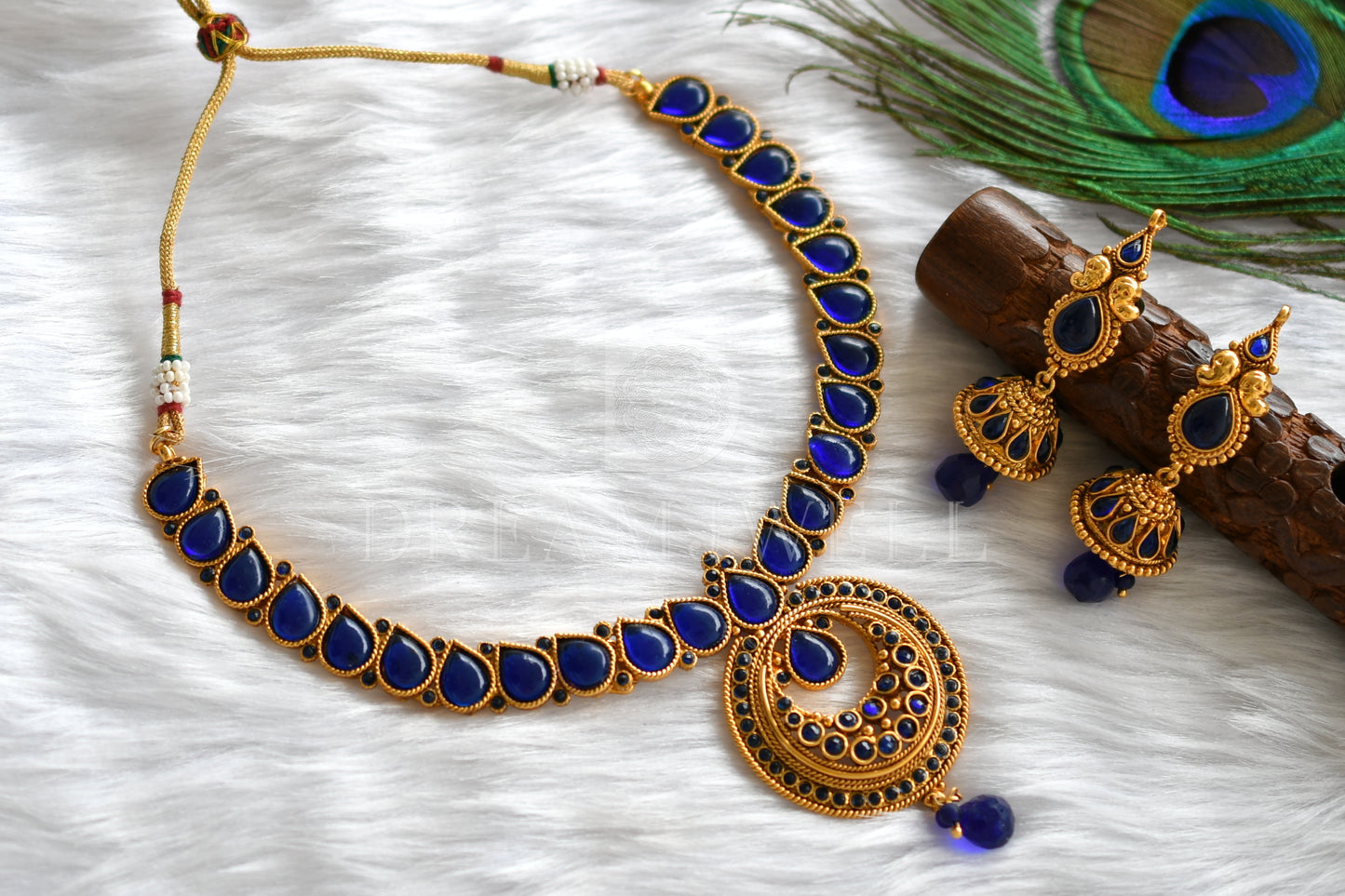 Antique gold tone Blue Bali Pendant Necklace Set dj-16635