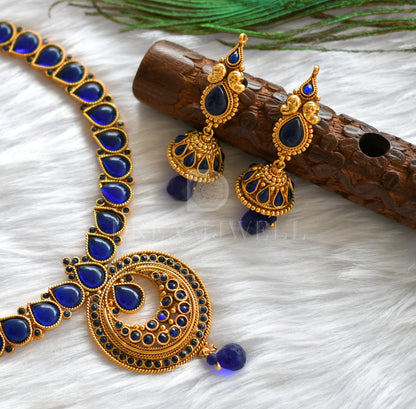 Antique gold tone Blue Bali Pendant Necklace Set dj-16635