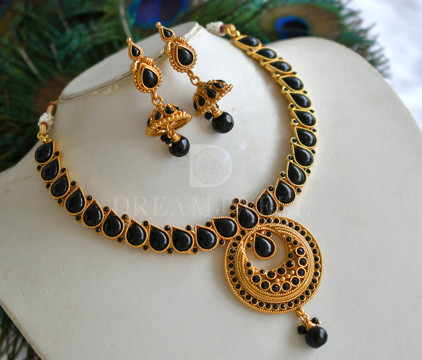 Antique gold tone Black bali pendant Necklace Set dj-16634