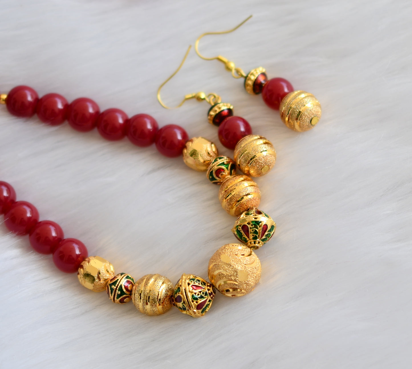 Handmade red beaded necklace set dj-01324