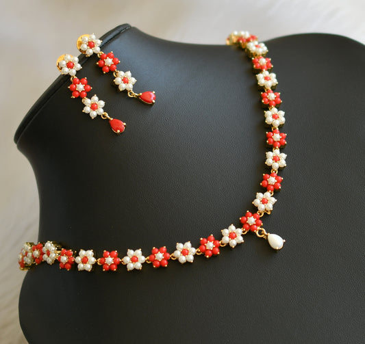 Gold tone pearl-coral stone Nakshatra necklace set dj-40964