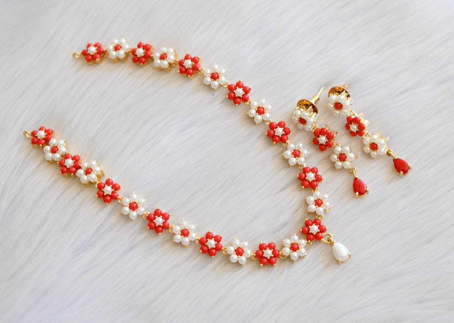 Gold tone pearl-coral stone Nakshatra necklace set dj-40964