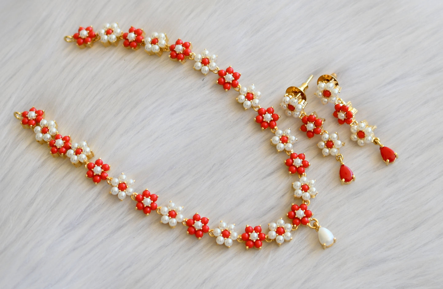 Gold tone pearl-coral stone Nakshatra necklace set dj-40964