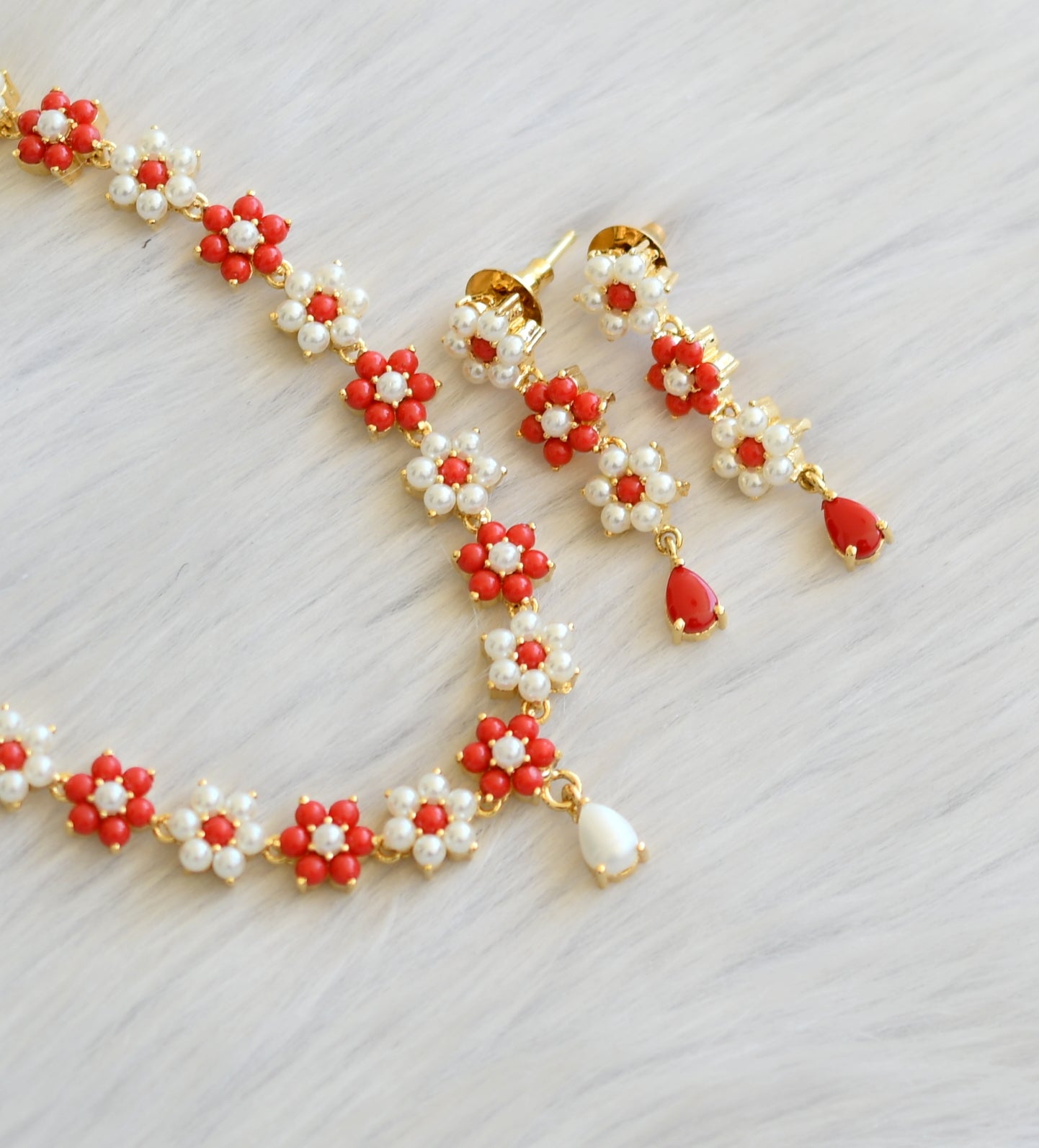 Gold tone pearl-coral stone Nakshatra necklace set dj-40964