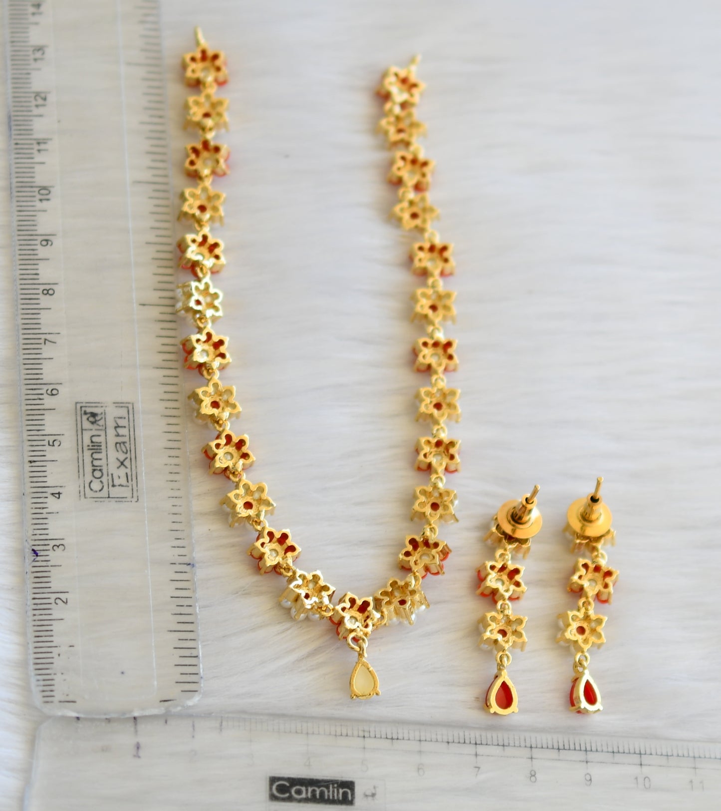 Gold tone pearl-coral stone Nakshatra necklace set dj-40964