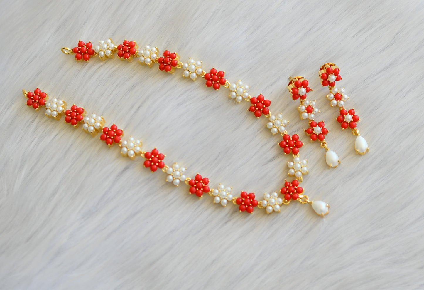 Gold tone pearl-coral stone Nakshatra necklace set dj-40963