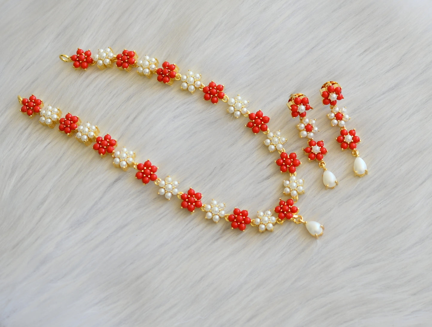 Gold tone pearl-coral stone Nakshatra necklace set dj-40963