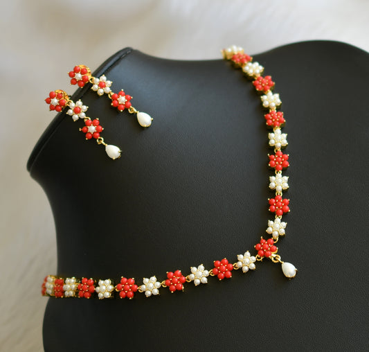 Gold tone pearl-coral stone Nakshatra necklace set dj-40963