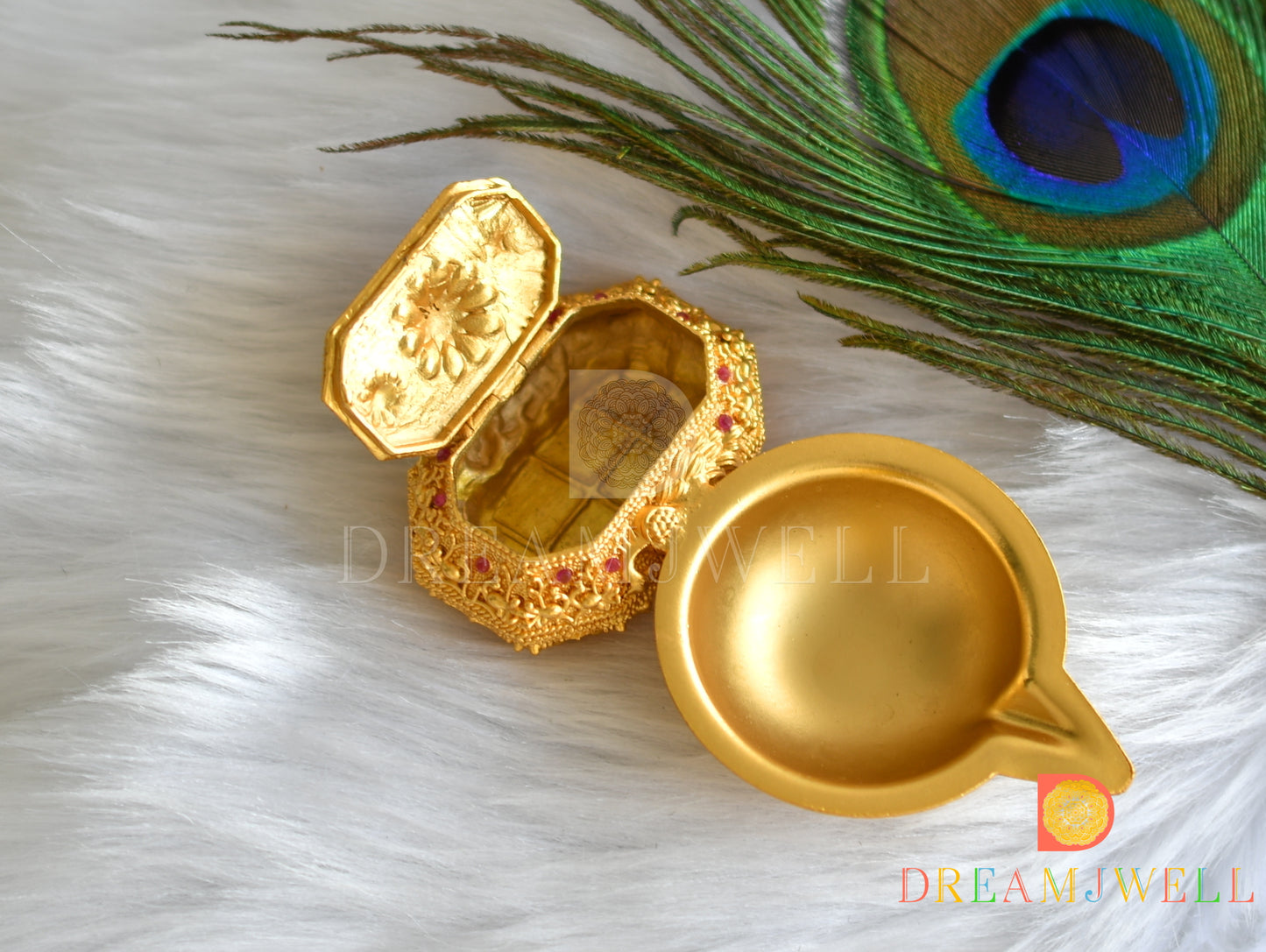 Gold tone Ruby-emerald Kumkum Box And Diya -dj16436