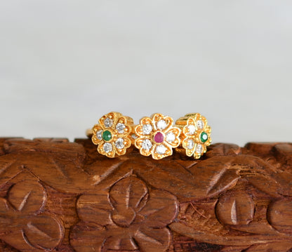 Gold tone white-ruby-green flower finger ring dj-40048