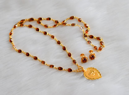 Gold tone brown 'om' pendant stone chain set dj-38595