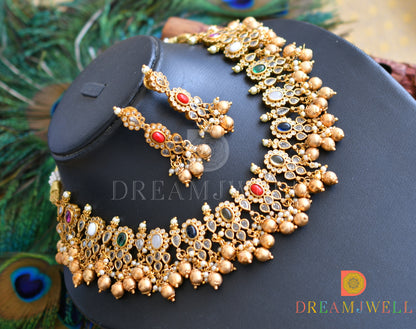 Matte finish navarathna designer necklace set dj-34476