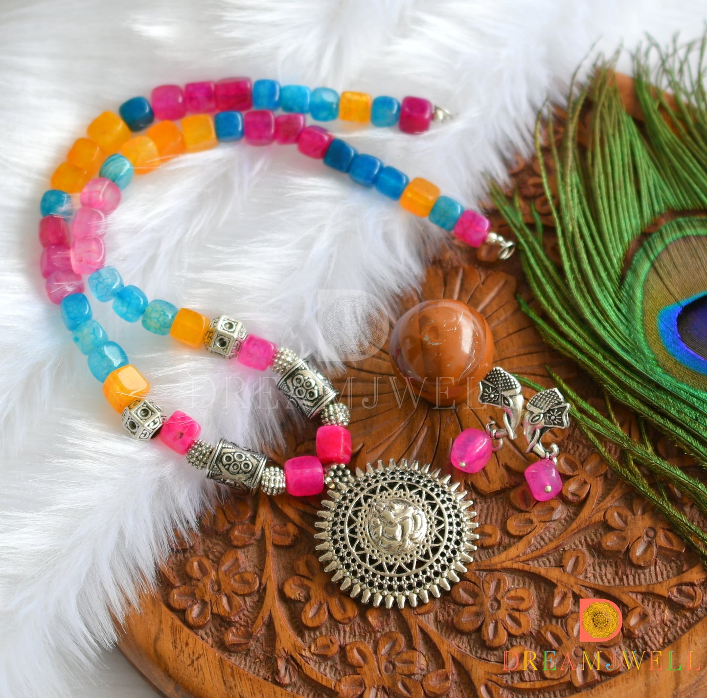 Silver tone pink-blue-yellow beads Ganesha pendant hand made necklace set dj-37946