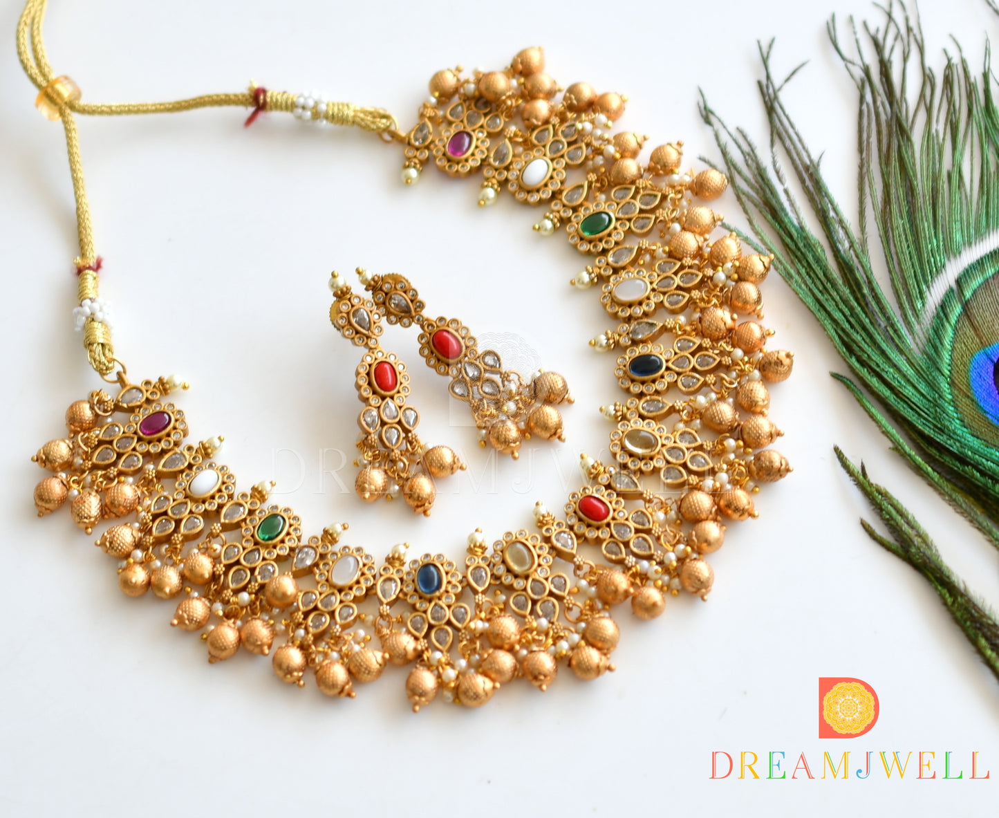 Matte finish navarathna designer necklace set dj-34476