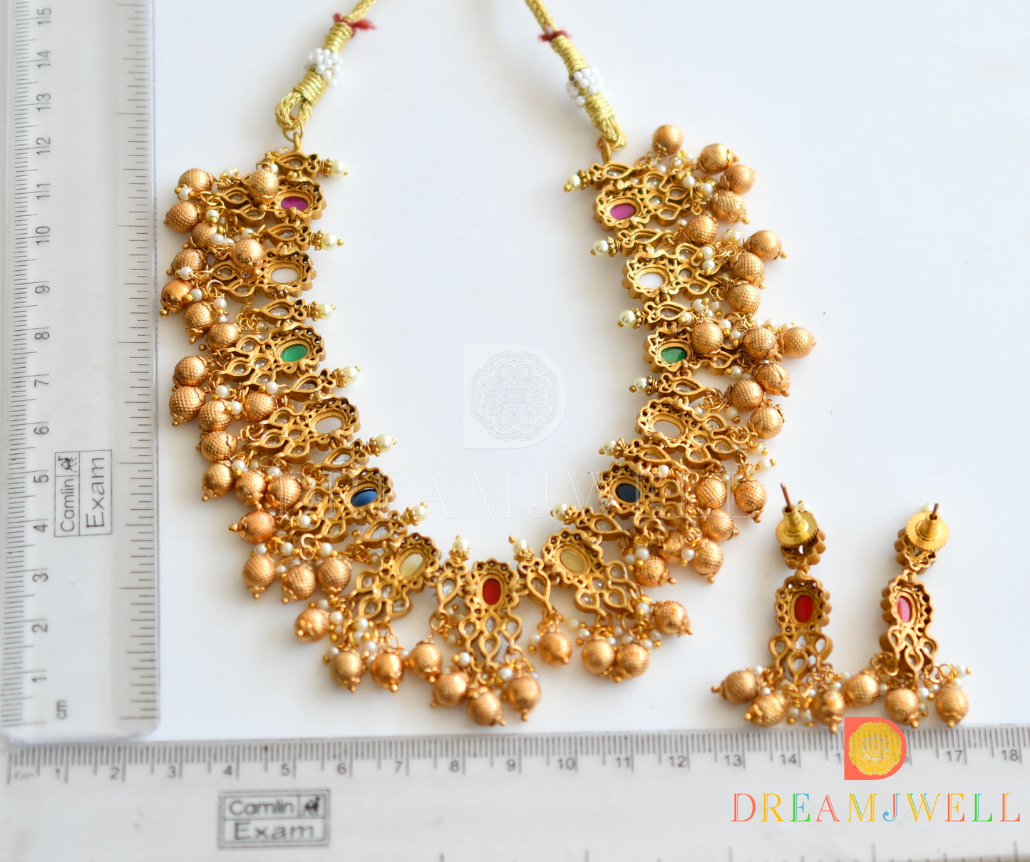 Matte finish navarathna designer necklace set dj-34476