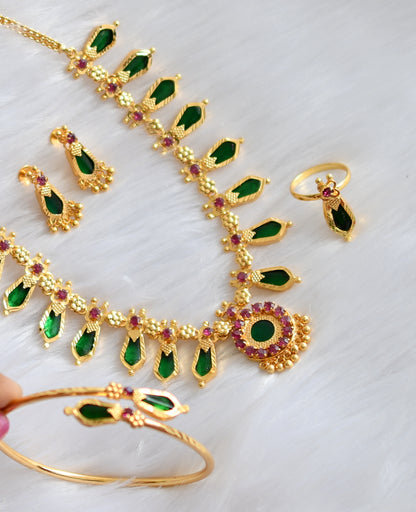Gold tone pink-green Nagapadam Kerala style necklace combo set dj-39345