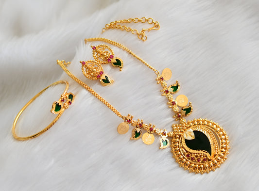 Gold tone pink-green mango Kerala style necklace combo set dj-39343