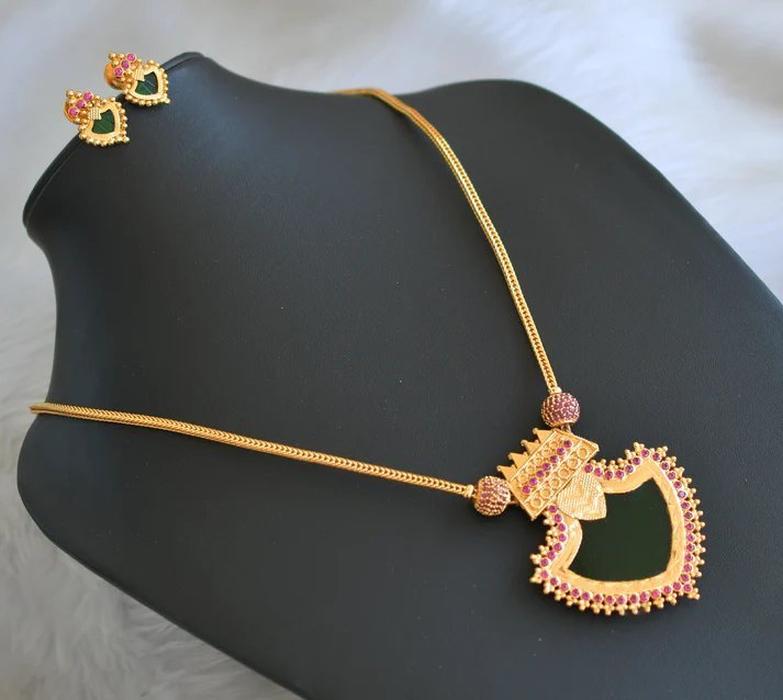 Gold tone pink-green palakka Kerala style Necklace set dj-40930