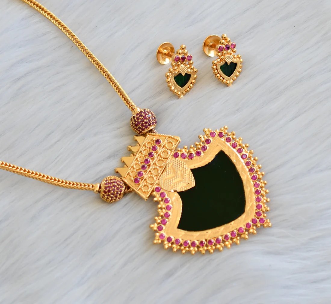 Gold tone pink-green palakka Kerala style Necklace set dj-40930