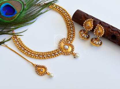 Antique gold Pearl Mango Necklace Set With Tikka dj-16707