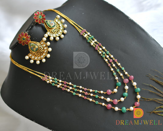 Gold tone pink-green pearl multi layer necklace set dj-37967