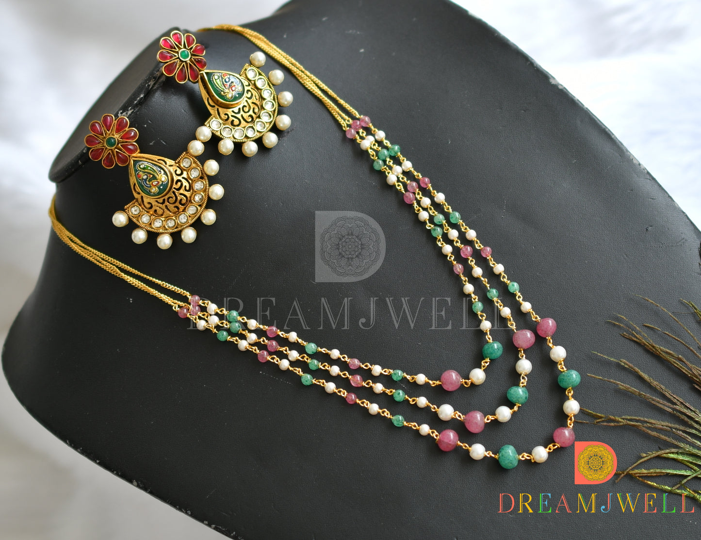 Gold tone pink-green pearl multi layer necklace set dj-37967