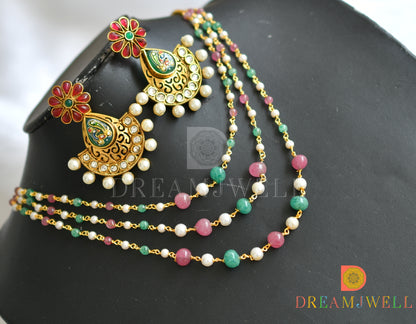 Gold tone pink-green pearl multi layer necklace set dj-37967