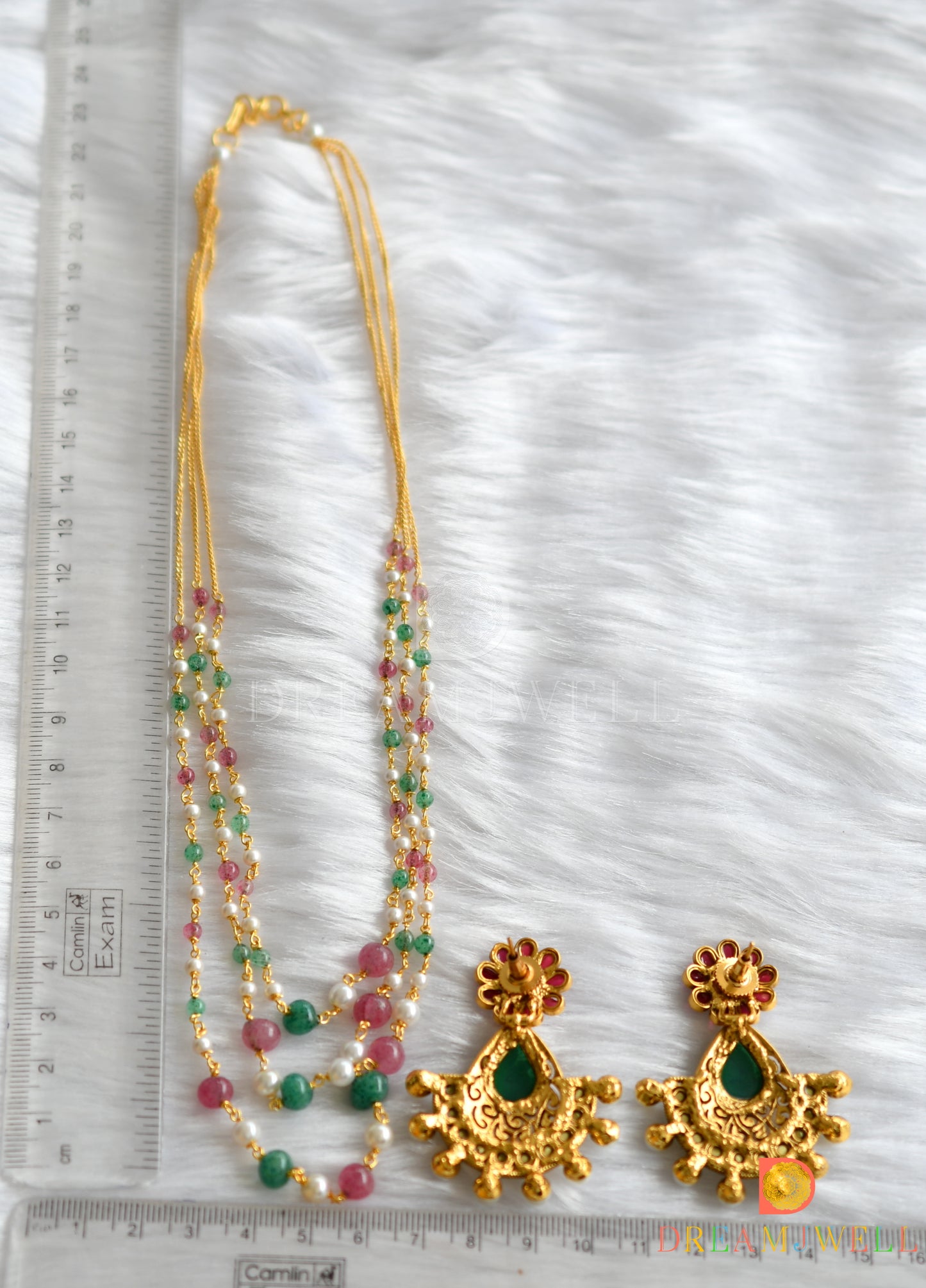 Gold tone pink-green pearl multi layer necklace set dj-37967