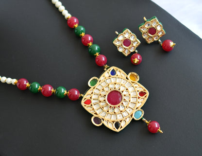 Gold tone Meenakari Navarathna kundan necklace set dj-14681