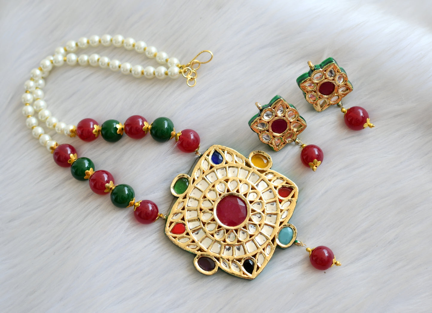 Gold tone Meenakari Navarathna kundan necklace set dj-14681