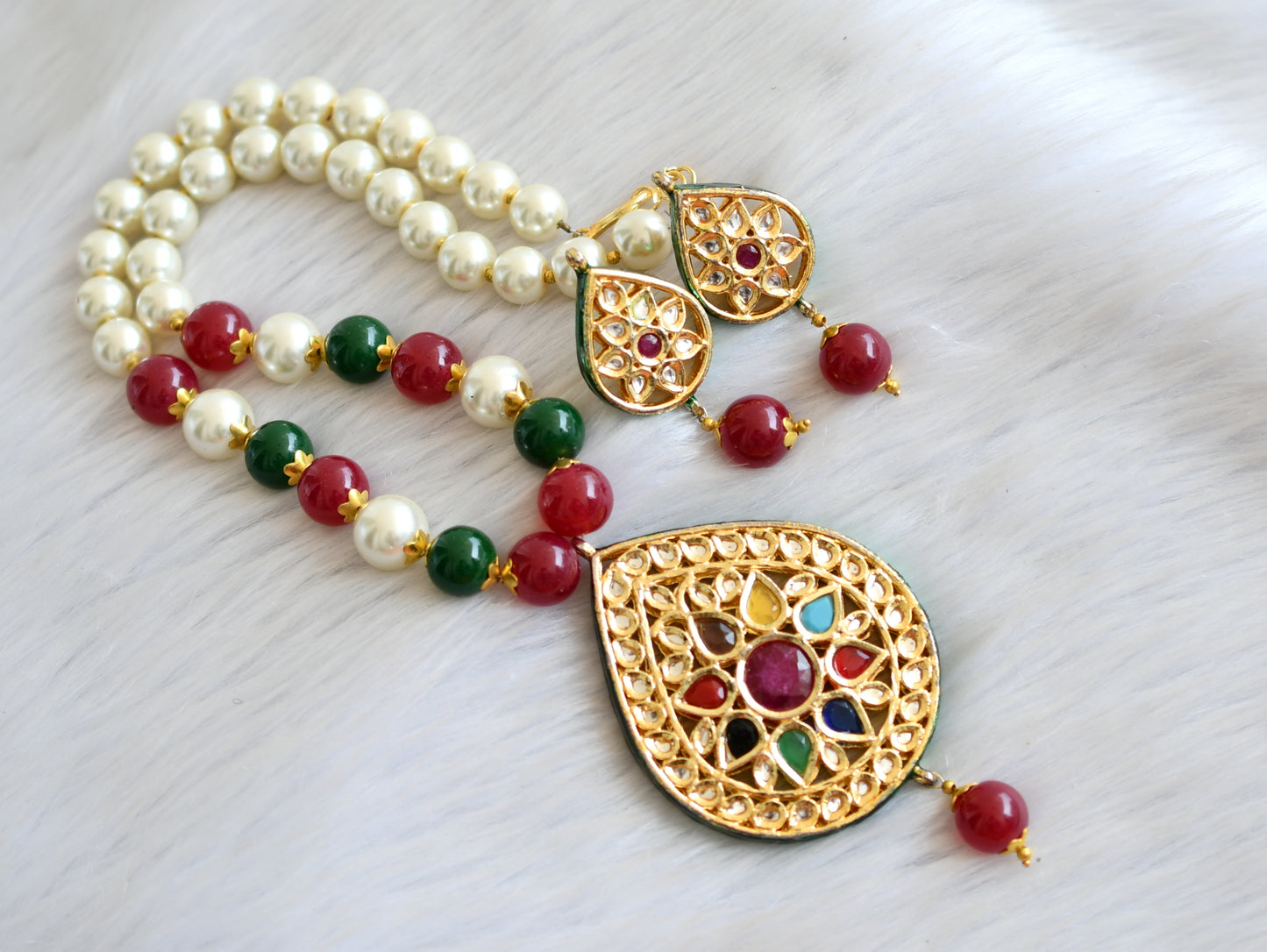 Gold tone Meenakari Navarathna kundan necklace set dj-14683