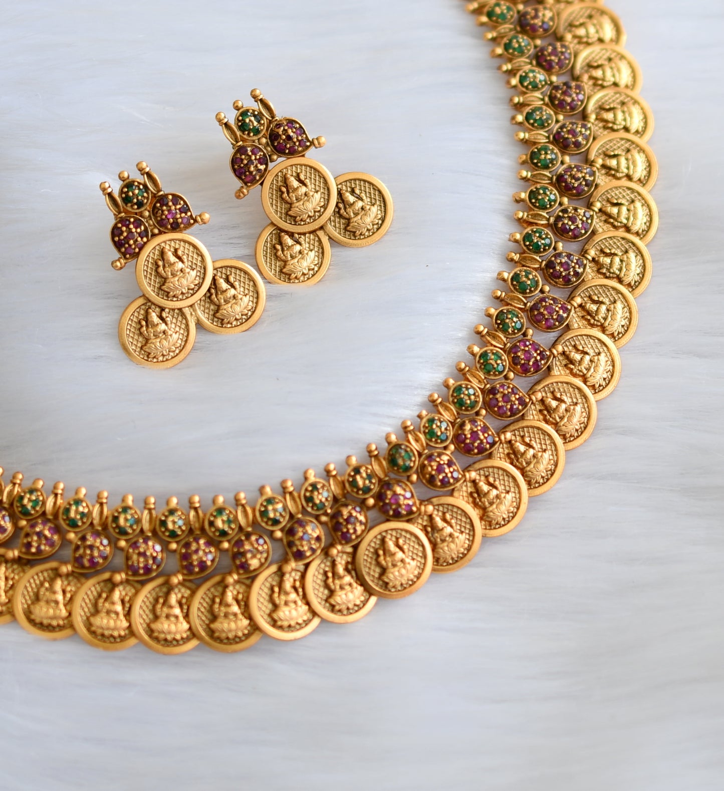 Matte finish ruby-green mango Lakshmi coin necklace set dj-31620