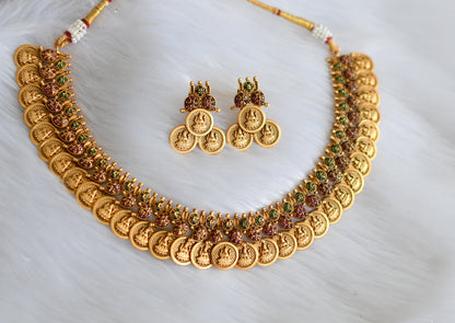 Matte finish ruby-green mango Lakshmi coin necklace set dj-31620