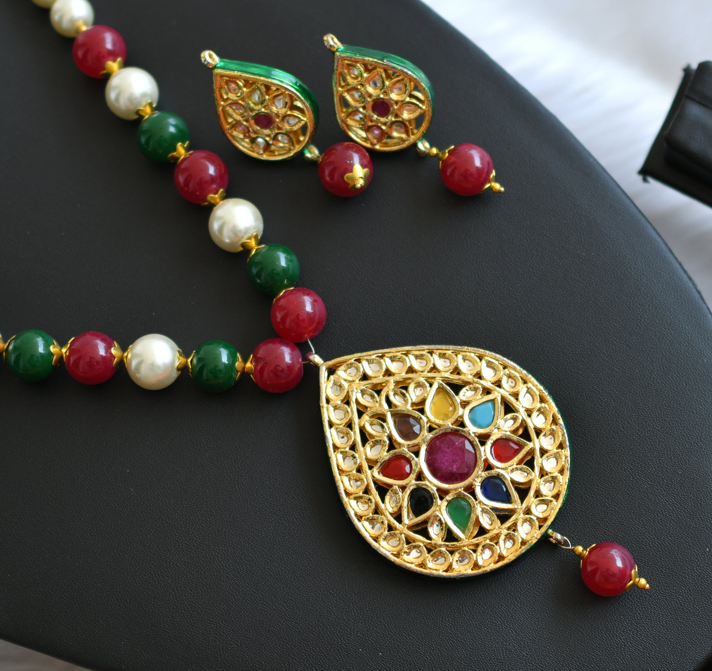 Gold tone Meenakari Navarathna kundan necklace set dj-14683