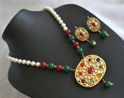 Gold tone Meenakari Navarathna kundan necklace set dj-14682