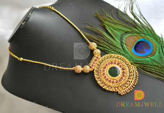 Gold tone pink- green round Kerala style necklace dj-37764