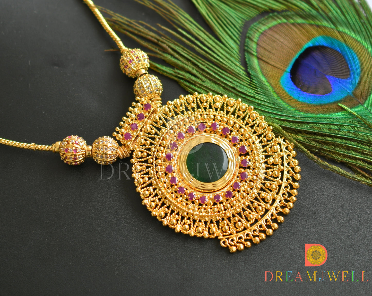 Gold tone pink- green round Kerala style necklace dj-37764