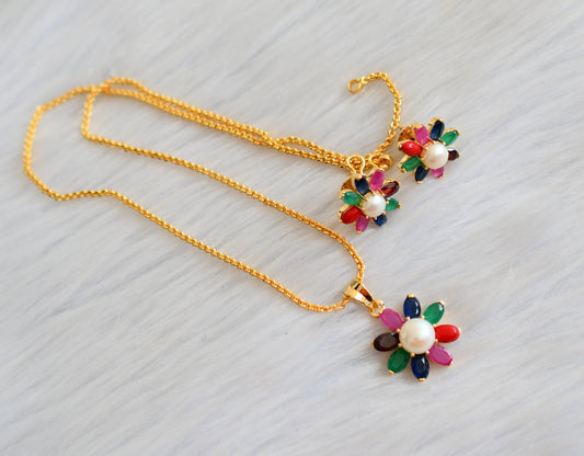 Gold tone Navarathna flower chain/pendant set dj-16835