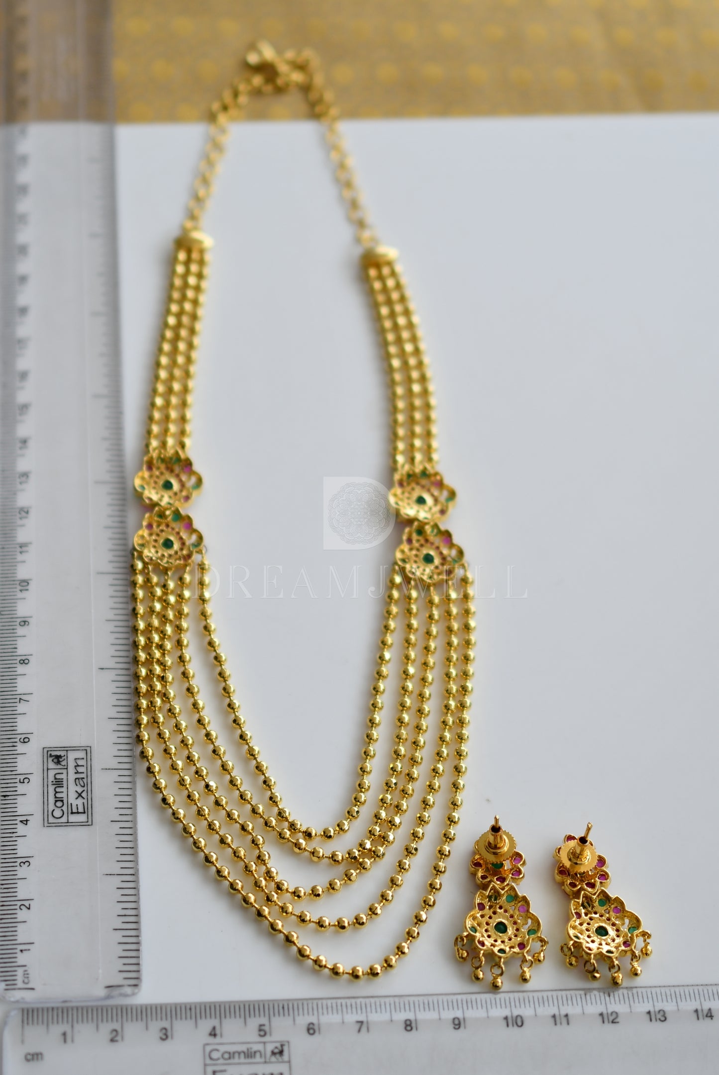 Gold tone ruby-emerald mugappu multilayer chain set dj-03496