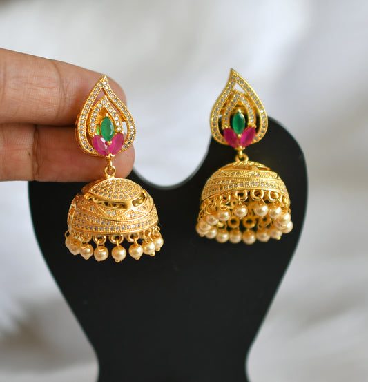 Gold tone cz-ruby-emerald -white jhumkka dj-02205