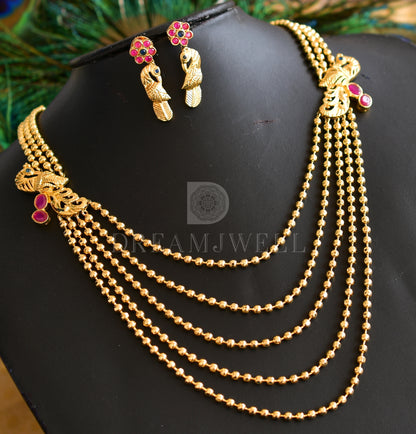 Gold tone multilayer ruby-blue peacock necklace set dj-08351