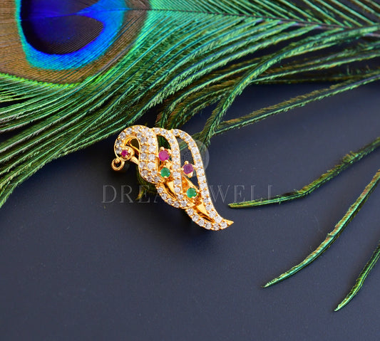 Gold tone cz ruby-emerald Peacock Designer Saree Pin dj-20399