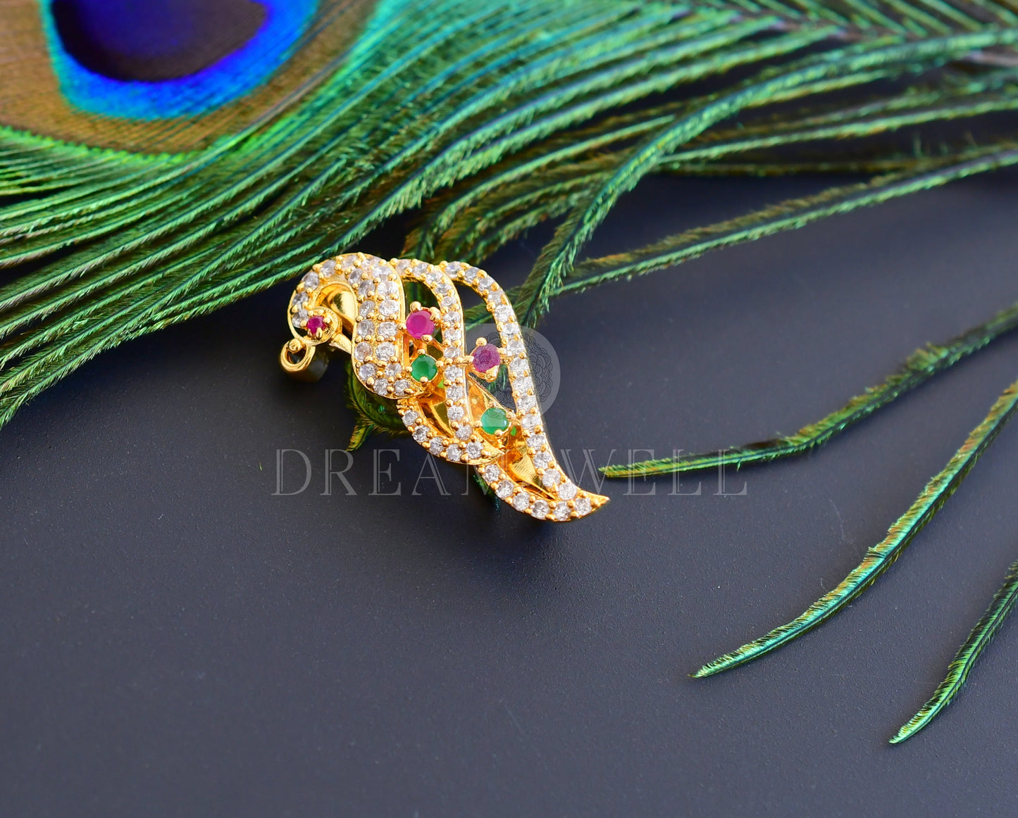 Gold tone cz ruby-emerald Peacock Designer Saree Pin dj-20399