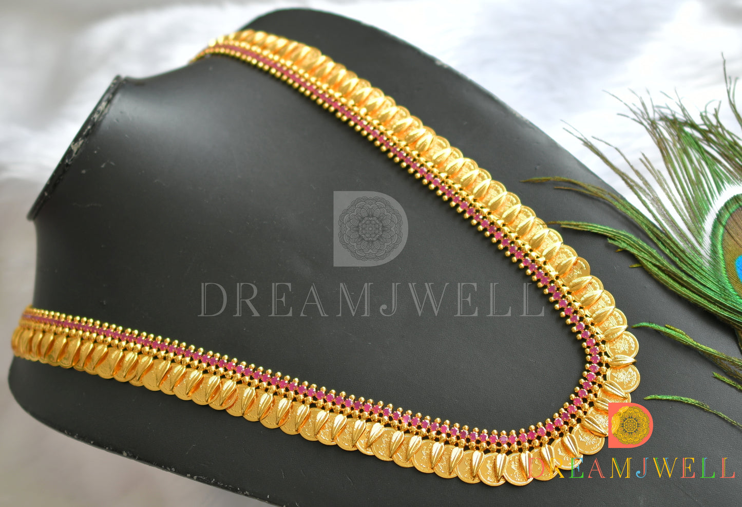 Gold tone pink stone leaf Lakshmi coin haar dj-37768