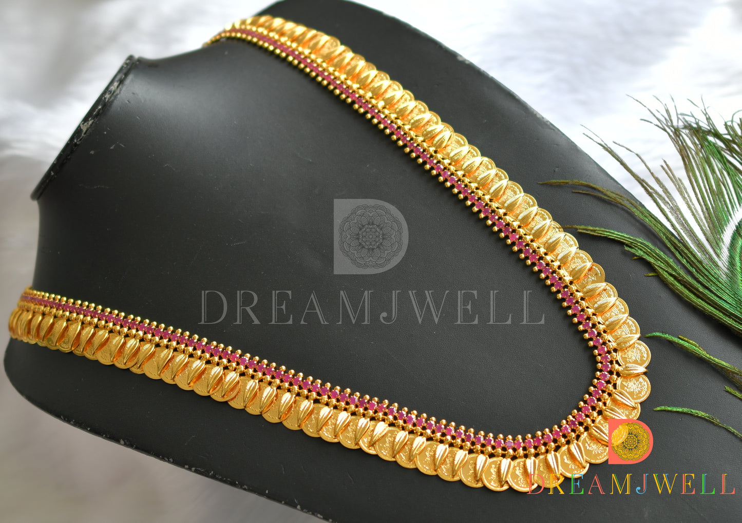 Gold tone pink stone leaf Lakshmi coin haar dj-37768