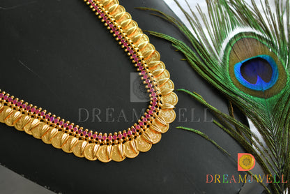 Gold tone pink stone leaf Lakshmi coin haar dj-37768