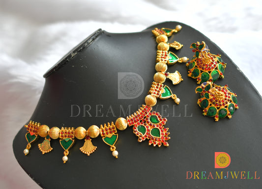 Gold tone Kemp-green palakka Kerala style hand made necklace set dj-37761
