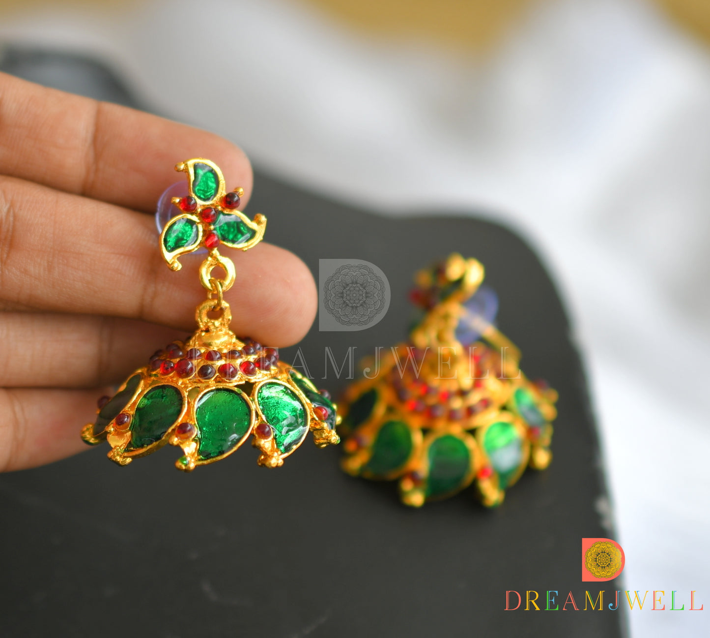 Gold tone Kemp-green palakka Kerala style hand made necklace set dj-37761